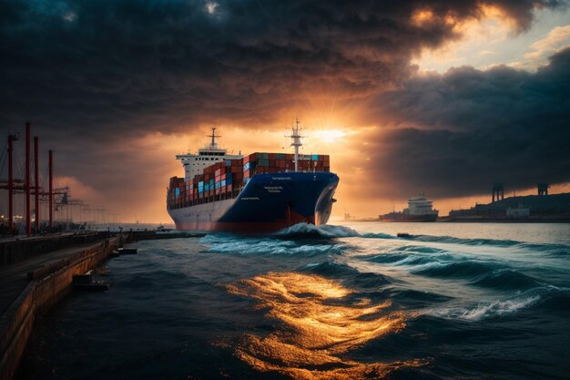 aerial view of cargo ship and cargo container in harbor