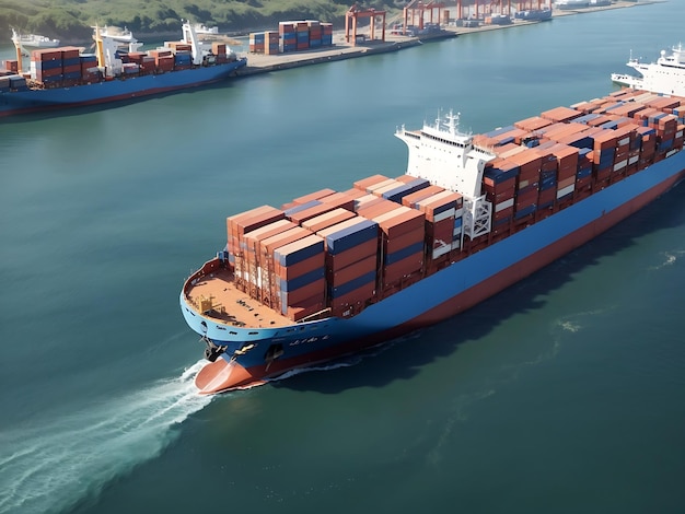 Aerial view of cargo ship and cargo container in harbor