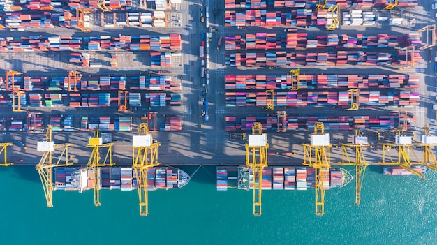 Aerial view of cargo ship and containers