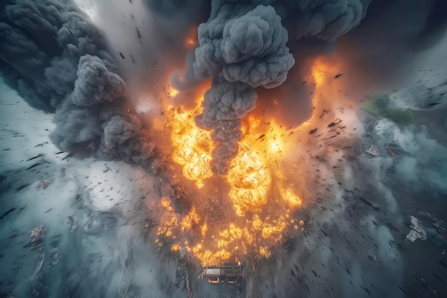Aerial view of Cargo ship explosion with fire and smoke Generative AI illustration