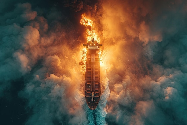 Photo aerial view of a cargo ship oil tanker in red sea being hit by missile burning ship