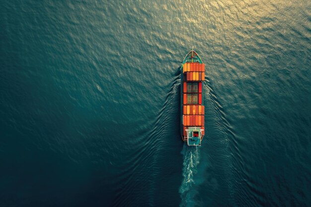 Photo aerial view of cargo ship transporting containers overseas