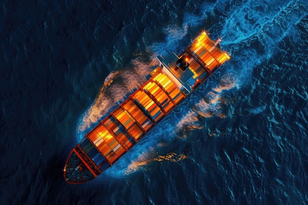 Photo aerial view of cargo ship transporting containers overseas