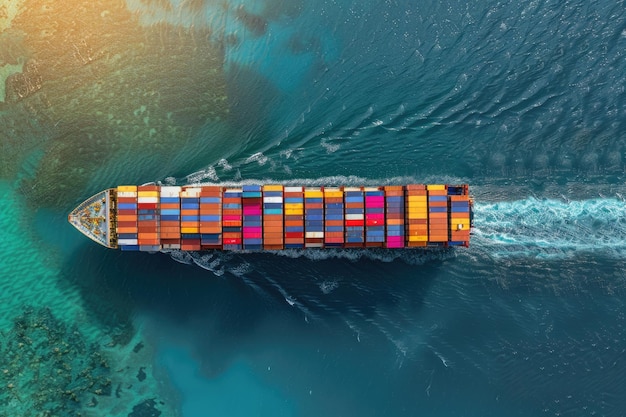 Photo aerial view of cargo ship transporting containers overseas