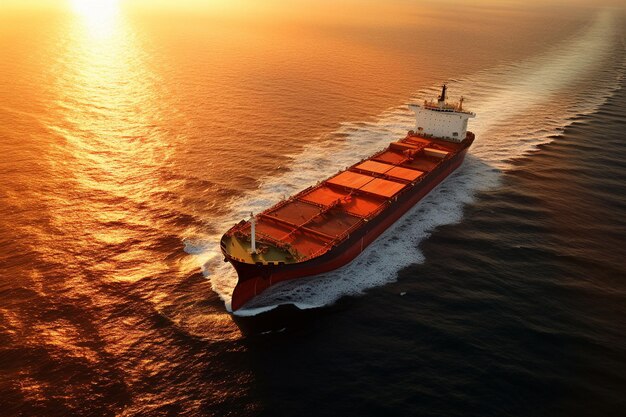 Aerial view of cargo ship with container in sea at sunset