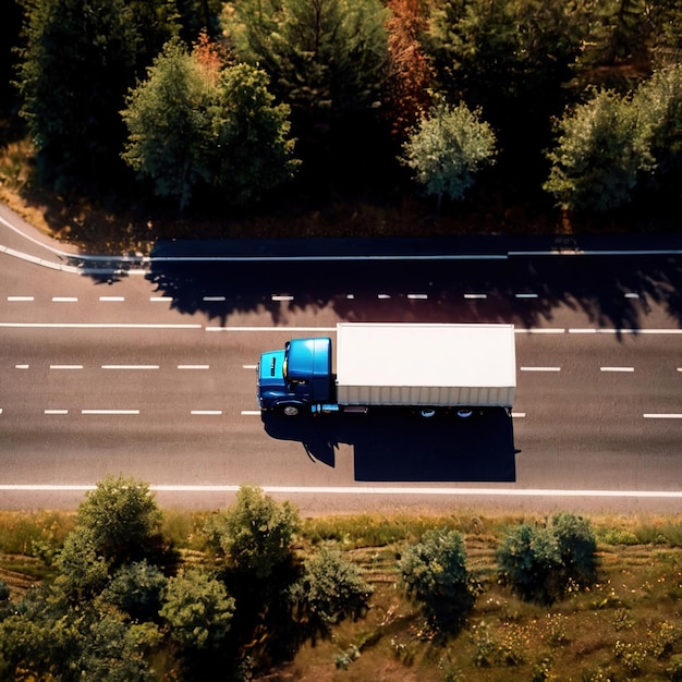 Foto veduta aerea di un camion merci sulla logistica del trasporto terrestre su strada aperta