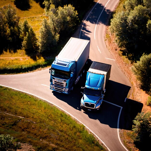 Aerial view of cargo truck on the open road land transport logistics