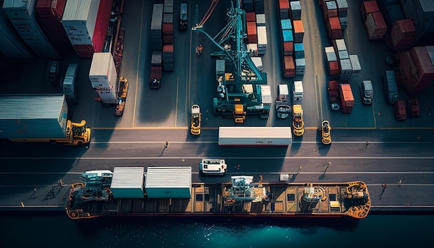 Aerial view of cargo trucks at a crowded harbor Generative AI to unload cargo from bulk carriers