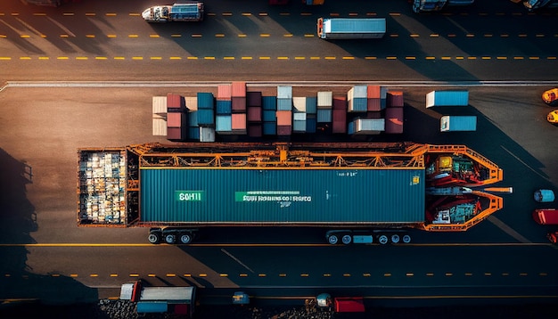 Aerial view of cargo trucks at a crowded harbor Generative AI to unload cargo from bulk carriers