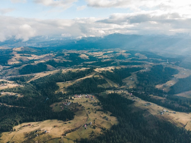 Aerial view of carpathian mountains with overcast sky