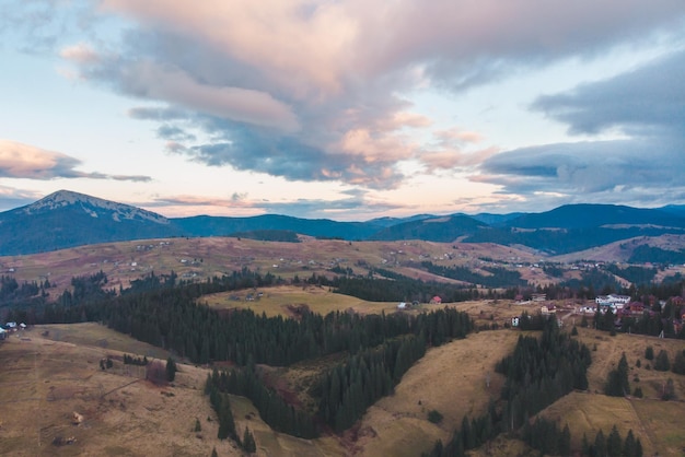 Aerial view of carpathian mountains with overcast sky