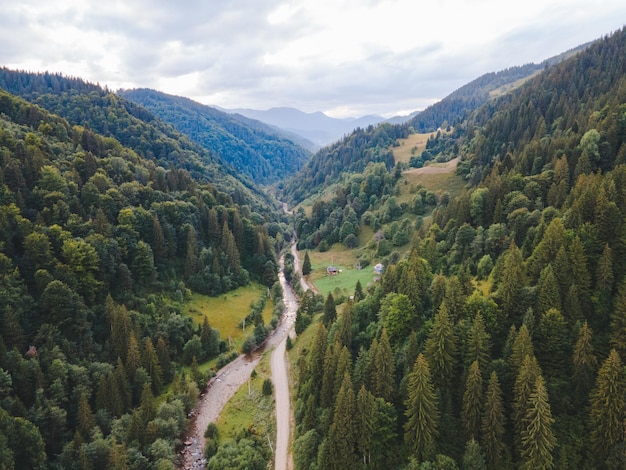 Aerial view of carpathian mountains with river summer time