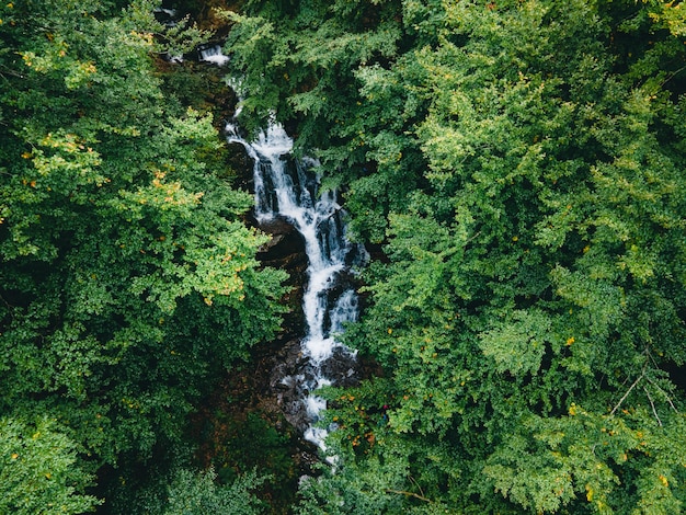 Aerial view of carpathian waterfall shipit autumn season