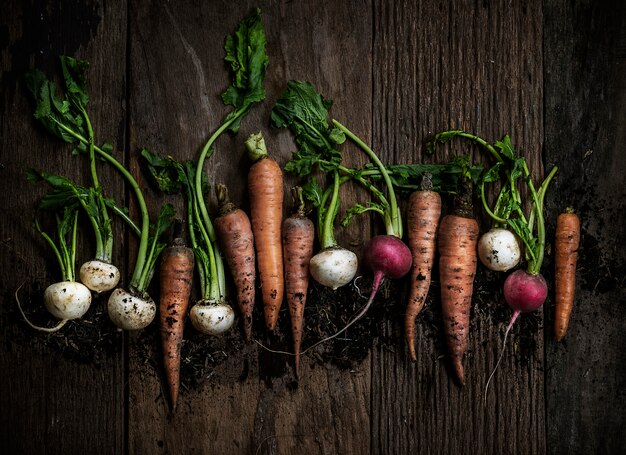 Aerial view of carrots and beets on wooden table