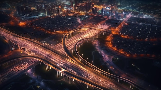 Aerial View of cars on road Expressway at nigh with lighting