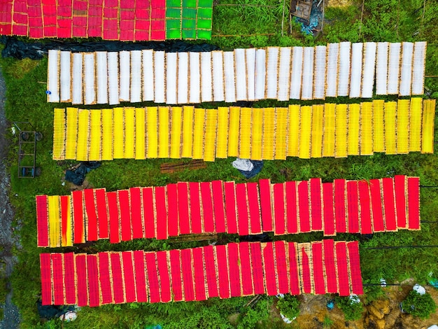Aerial view of cassava flour making village ingredients for sweet soup a traditional culinary specialty of Tay Ninh city Vietnam Business and travel concept