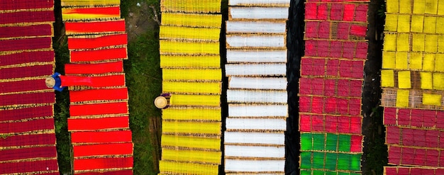 Aerial view of cassava flour making village ingredients for sweet soup a traditional culinary specialty of Tay Ninh city Vietnam Business and travel concept