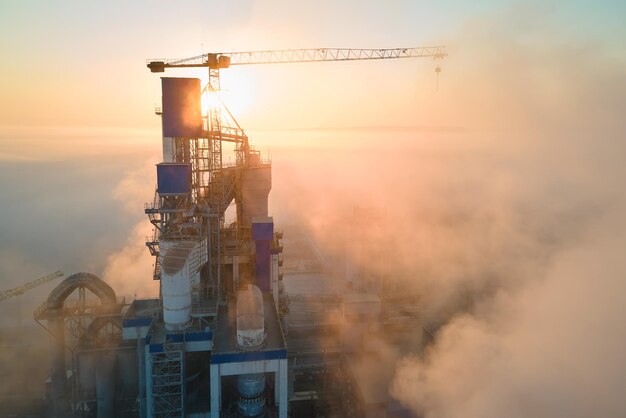 Aerial view of cement factory with high concrete plant structure and tower crane at industrial manufacturing site on foggy evening. Production and global industry concept.