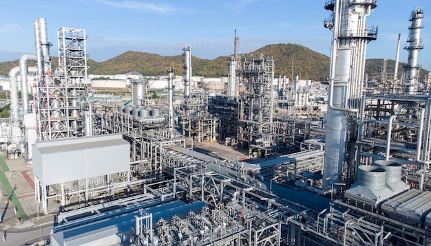 Вид с воздуха на электростанцию химического нефтеперерабатывающего завода на фоне голубого неба