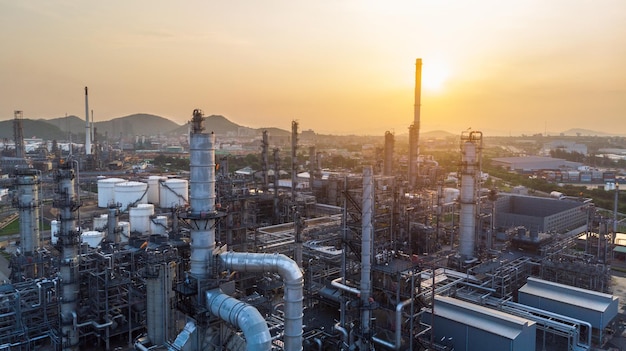 Aerial view of chemical oil refinery plant power plant and metal pipe on sunrise sky background