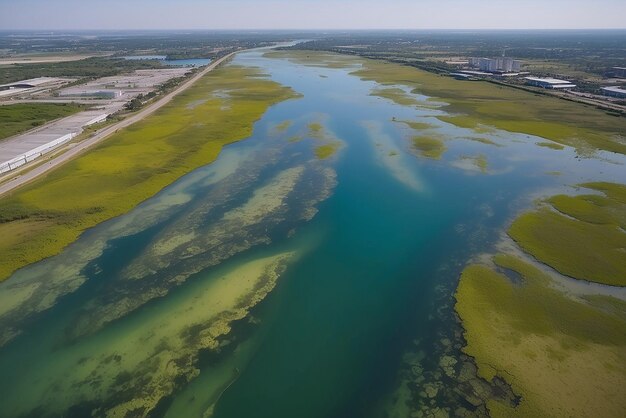 Aerial view of chemically polluted water body