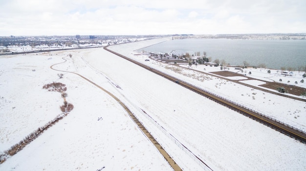 Aerial view of Cherry Creek State Park in the Winter.