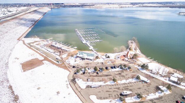 Aerial view of Cherry Creek State Park in the Winter.