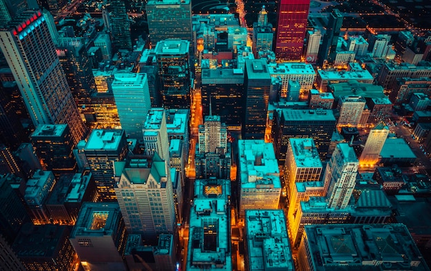 Aerial view of Chicago by night, USA.