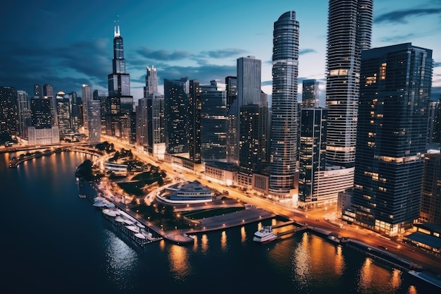 Aerial view of Chicago downtown skyline at night Illinois USA Chicago skyline aerial drone view from above AI Generated