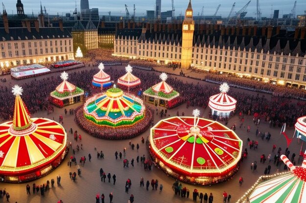 ロンドンのハイドパークのクリスマス・フェアの空中写真