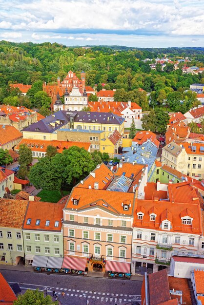 Aerial view on Church of St Anne and Church of Saint Bernard and old town of Vilnius, Lithuania