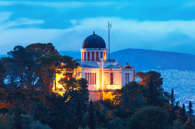 Aerial view of the Church of St Marina in Thissio during evening blue hour in Athens, Greece