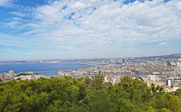 Aerial view of city against cloudy sky