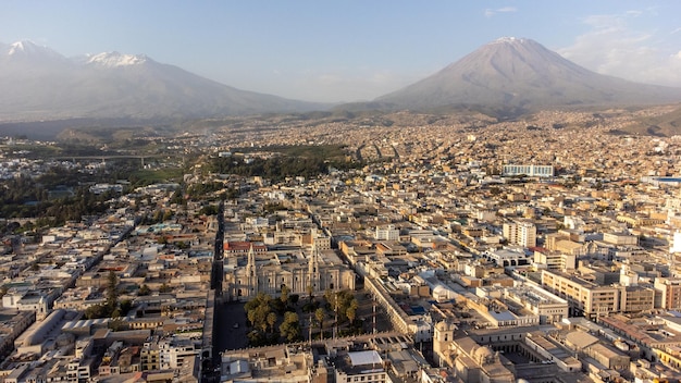 Aerial view of the city of Arequipa and its volcanoes Peru