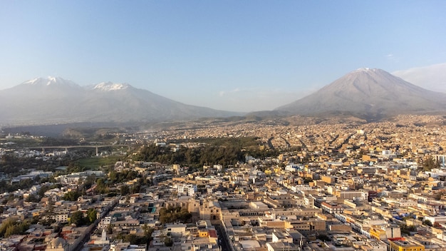 Aerial view of the city of Arequipa and its volcanoes