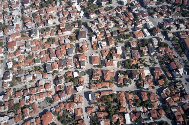 Aerial view of city buildings red roofs