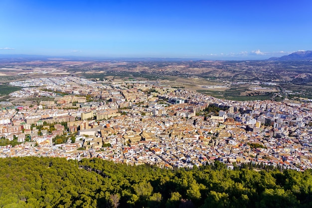 オリーブの木立とその周りの山々があるイェンの街の空撮。スペイン。