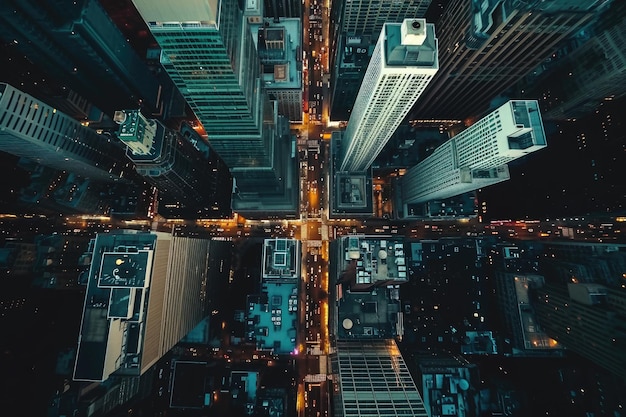 Aerial View of a City at Night (夜の街の空中景色) 高層ビルが支配するビジネス地区の空中ショットAIが生成したものです