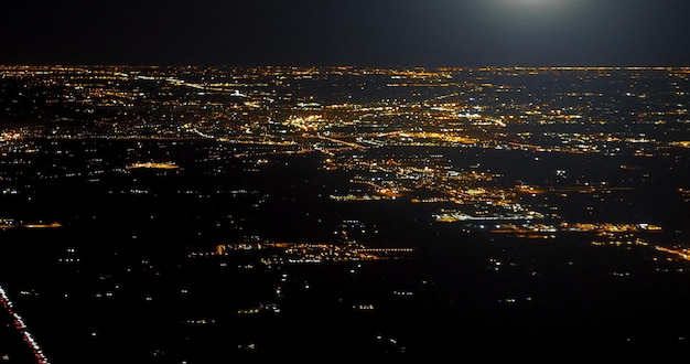 Aerial view of city at night