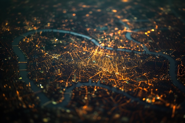 Взгляд с воздуха на город ночью
