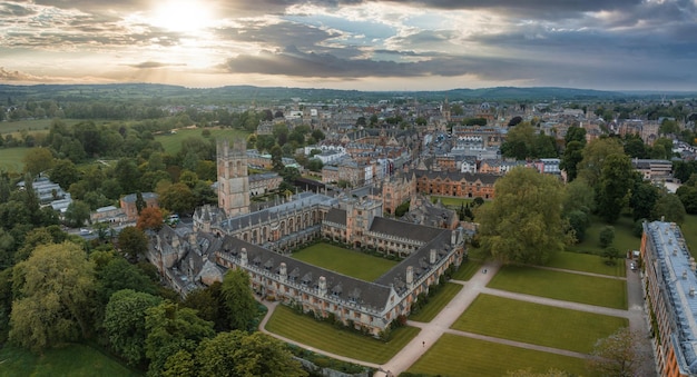 Aerial view over the city of oxford with merton college