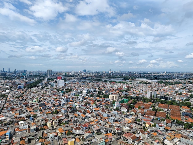 An aerial view of the city skyline in the old quarter of Jakarta Indonesia