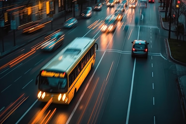 車の高速光跡のある街路の空撮