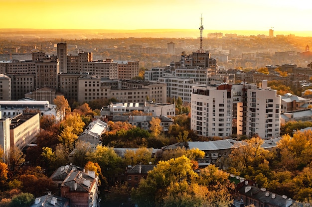 Aerial view of the city at sunset