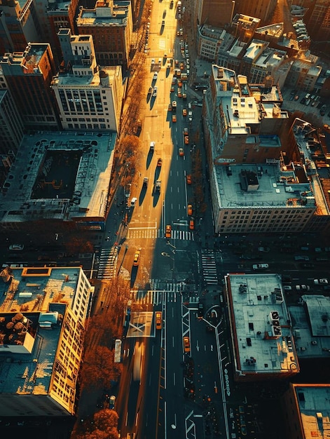 an aerial view of a city at sunset