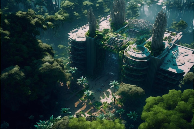 An aerial view of a city surrounded by trees generative ai