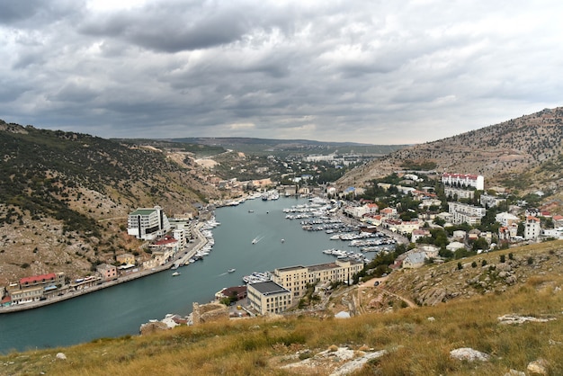 Aerial view of a city with a river