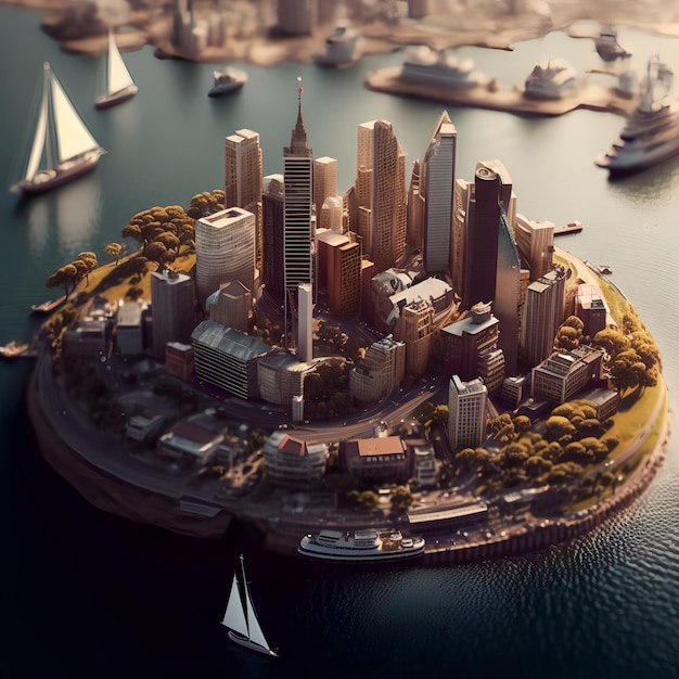 An aerial view of a city with a sailboat in the background.