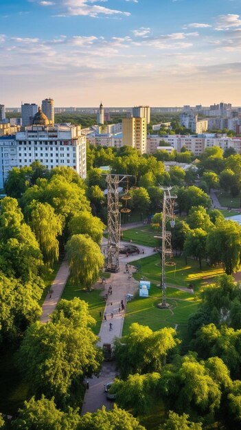 an aerial view of a city with tall buildings