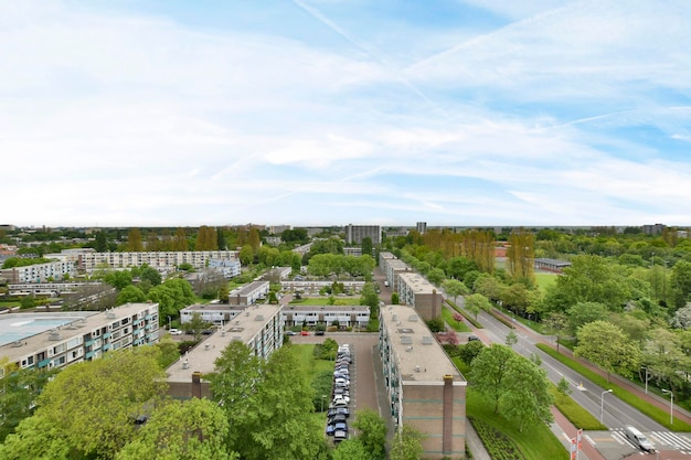 An aerial view of a city with trees and buildings